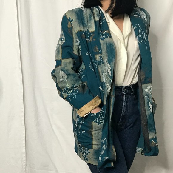Vintage 1980s geometric floral blazer green medium - Picture 7 of 12